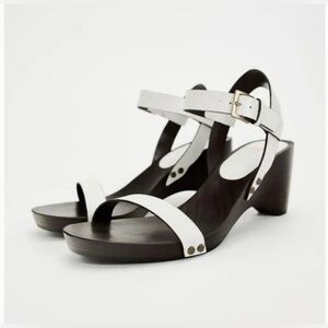 Zara White Leather Straps With Dark Brown Wooden Wedge Sandals - Size: EUR 36